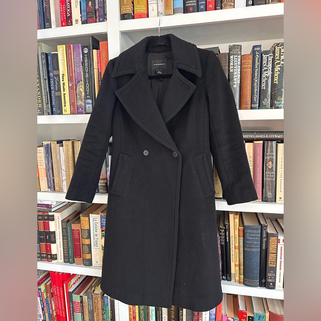 Club Monaco Daylina Double Breasted Black Long Knee Length Coat Xs